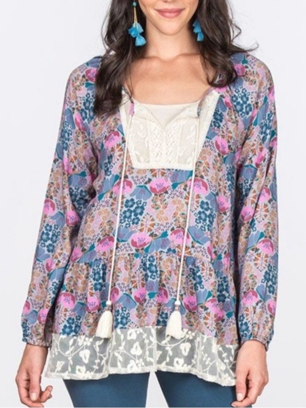 Matilda Jane Sew Perfect Gorgeous Floral Boho Peasant Blouse sz Large